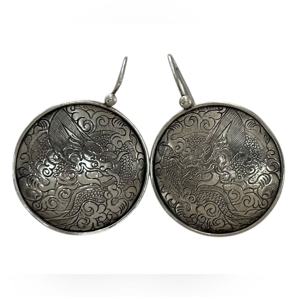 Silver-Tone Engraved Dragon Disc Drop Earrings - Picture 10 of 10